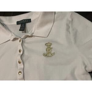 Lauren Ralph Lauren White Polo Shirt Gold Button Gold Crest Size Medium Vintage